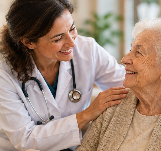 Illustrative image of a healthcare professional speaking warmly with an older adult in a senior living environment